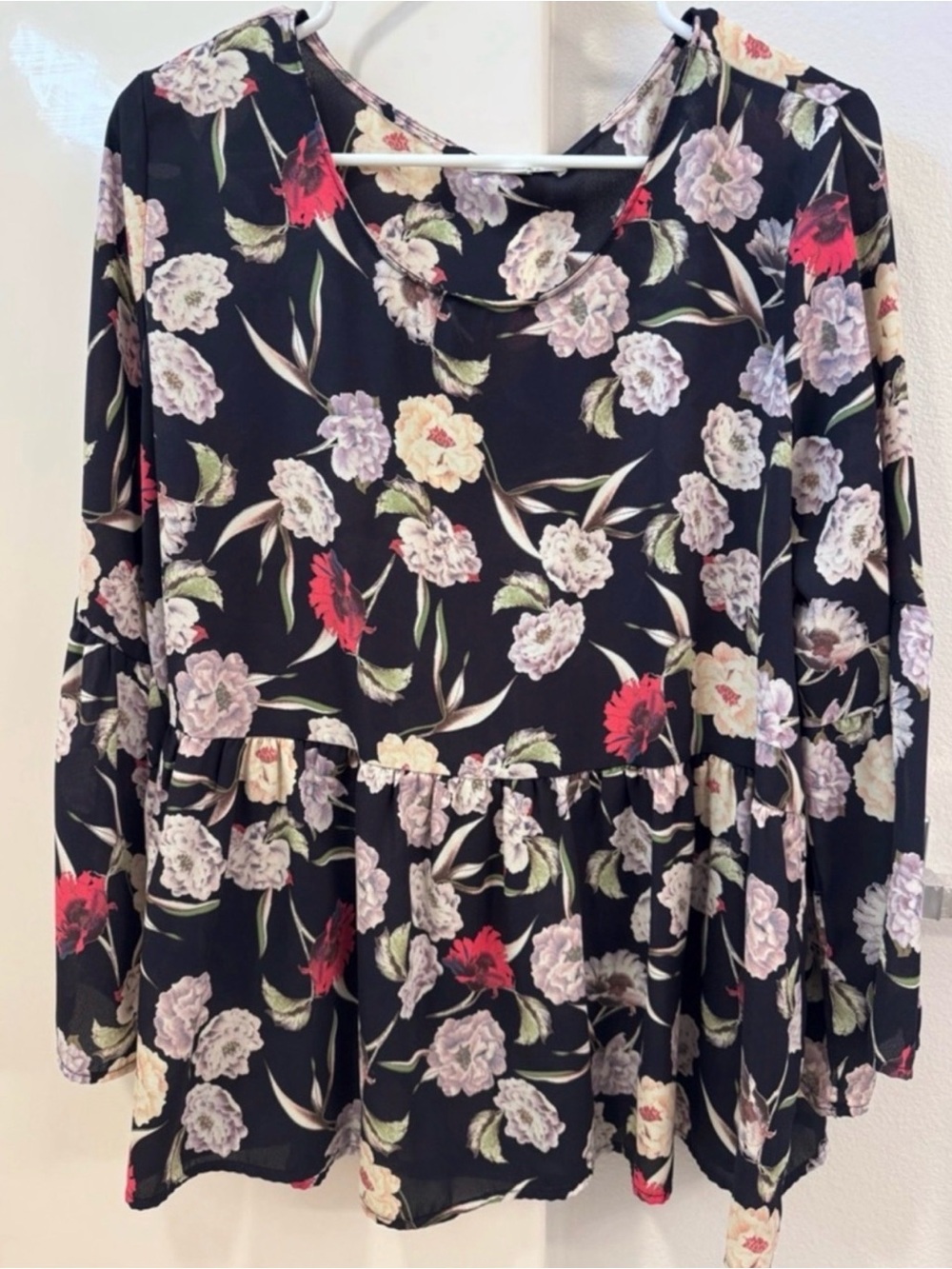 DownEast Black Floral Peplum Top with Red & Cream Blooms